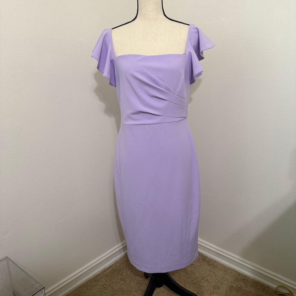 Calvin Klein Lilac Purple Crepe Flutter Sleeve Midi Sheath Dress Womens 8 EUC